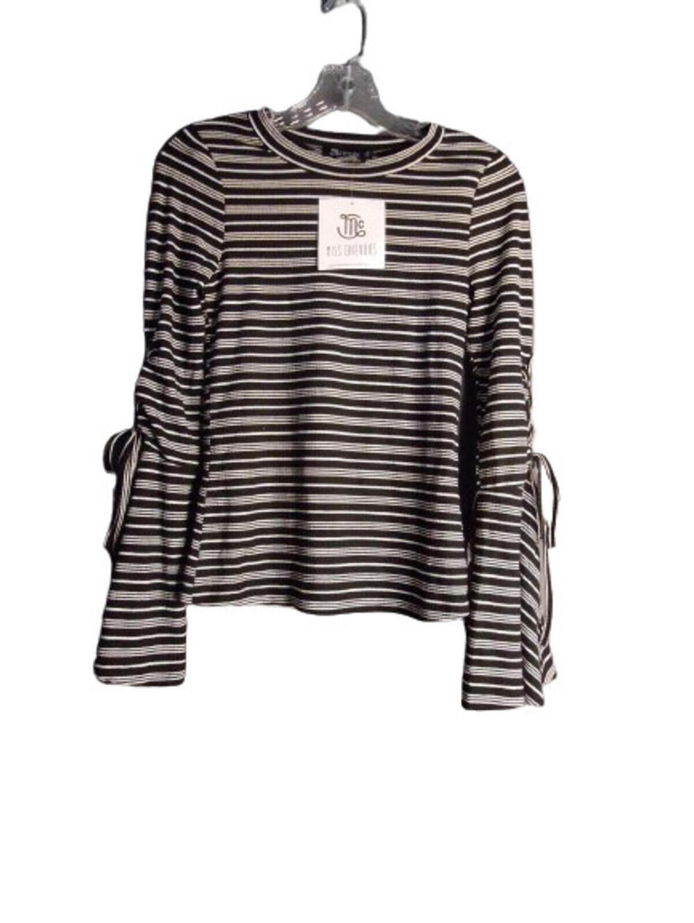 Miss Chievous Lace Up Bell Sleeve Blouse Black & White Stripe Juniors Small